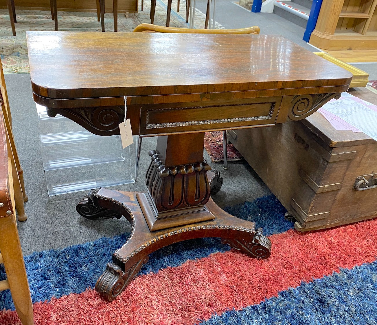 A William IV rosewood folding card table, width 92cm, depth 45cm, height 74cm